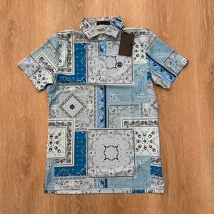 G/FORE Boro Patch Tech Pique All Over Print Golf Polo "Sky"‎ Blue Men's Size S